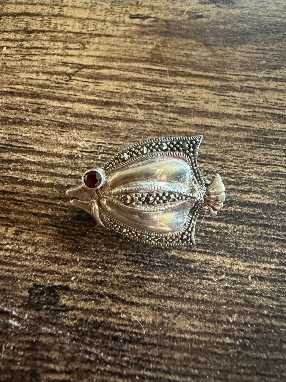 Silver Fish-Shaped Marcasite Brooch with Garnet Accent
